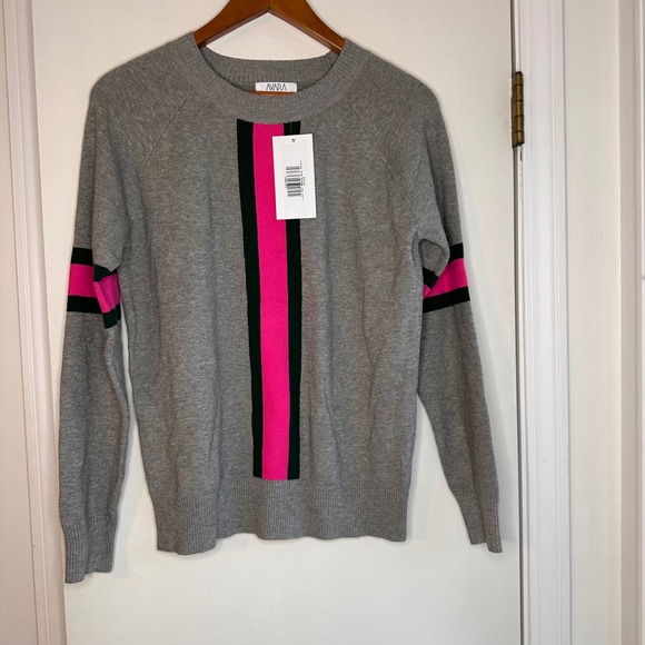 AVARA Gray Dylan Sweater X-Small Crew Neck Long Sleeve Pink Green Stripe - Picture 1 of 11
